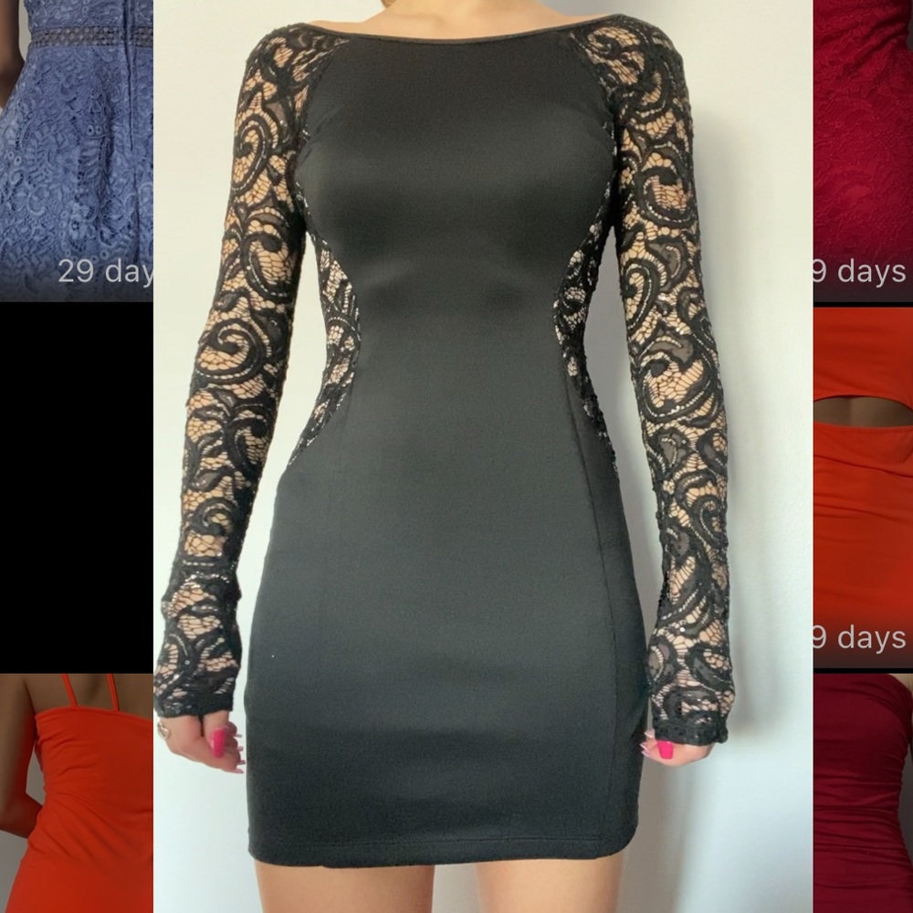 Macy’s black body sculpting lace dress